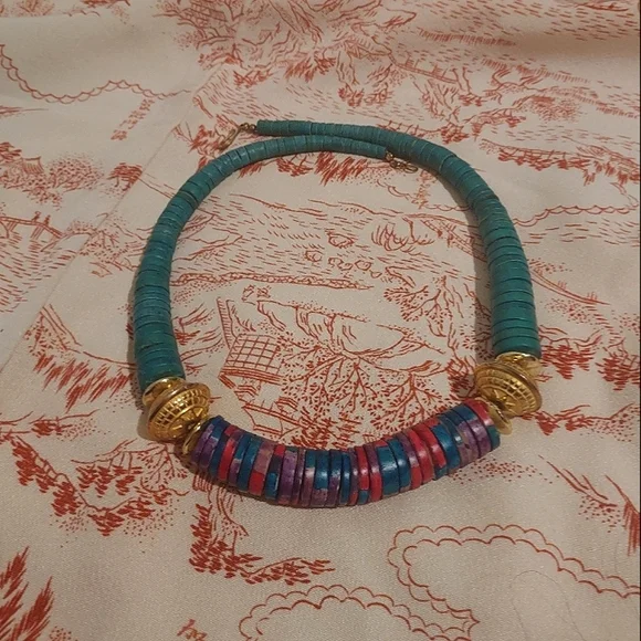 Vintage slinky beaded colorful wood rope necklace - Picture 2 of 6
